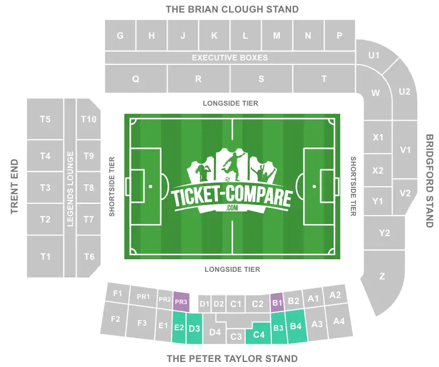 Screenshot of City Ground Stadium Seating plan with PR3, B1, E2, D3, C4, B3 and B4 Blocks highlighted