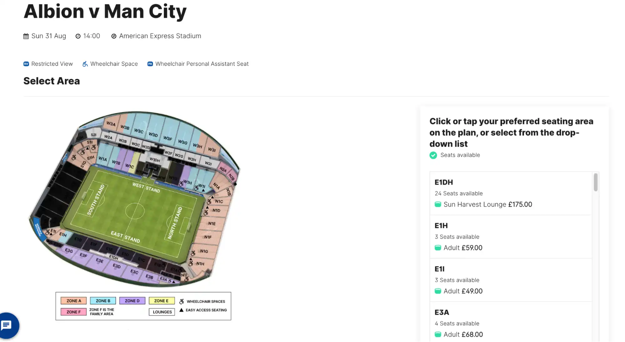 screenshot of Albion v Man City tickets page