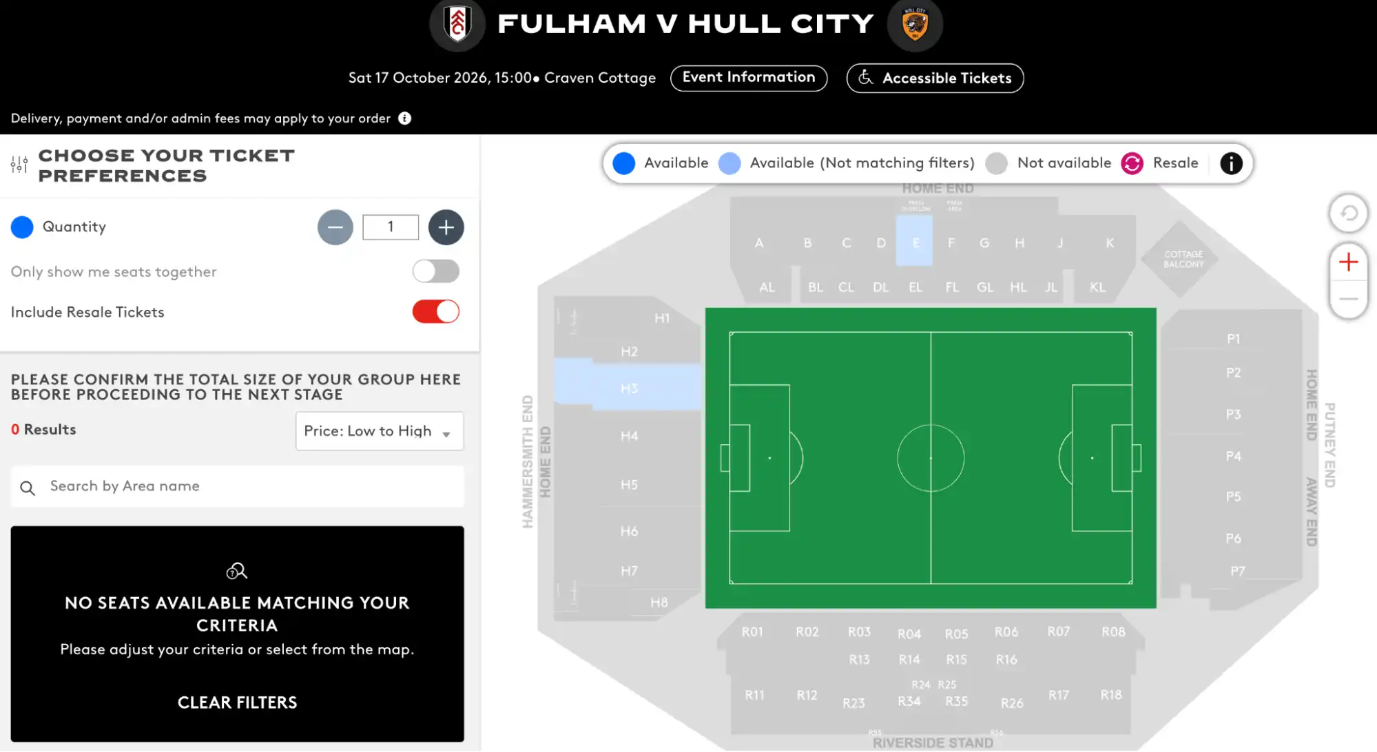 screenshot of Fulham v Hull City tickets page