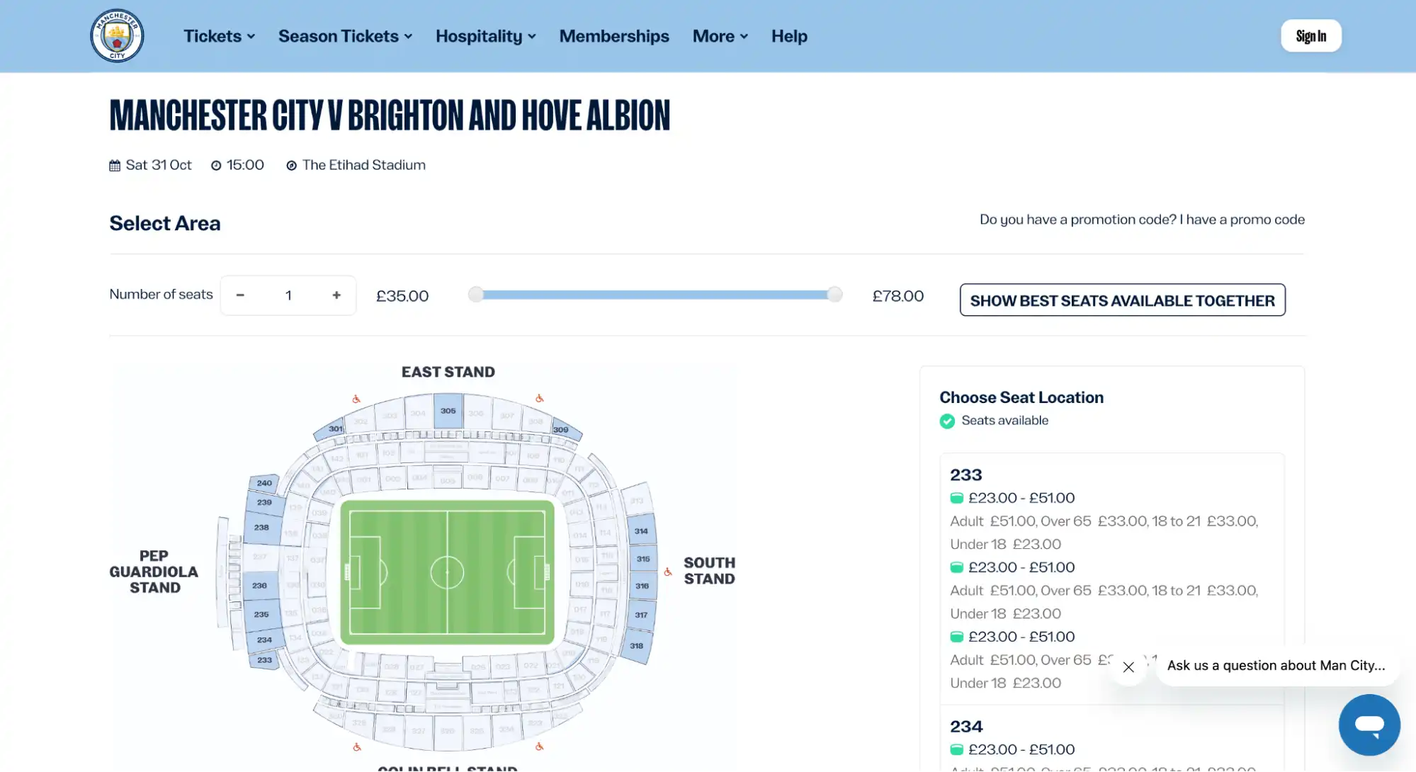 screenshot of Manchester v Brighton and Hove Albion tickets page
