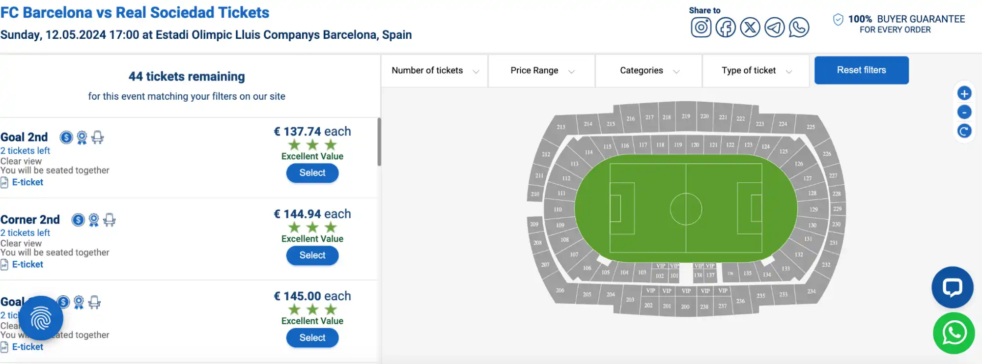 screenshot of FC Barcelona vs Real Sociedad tickets page