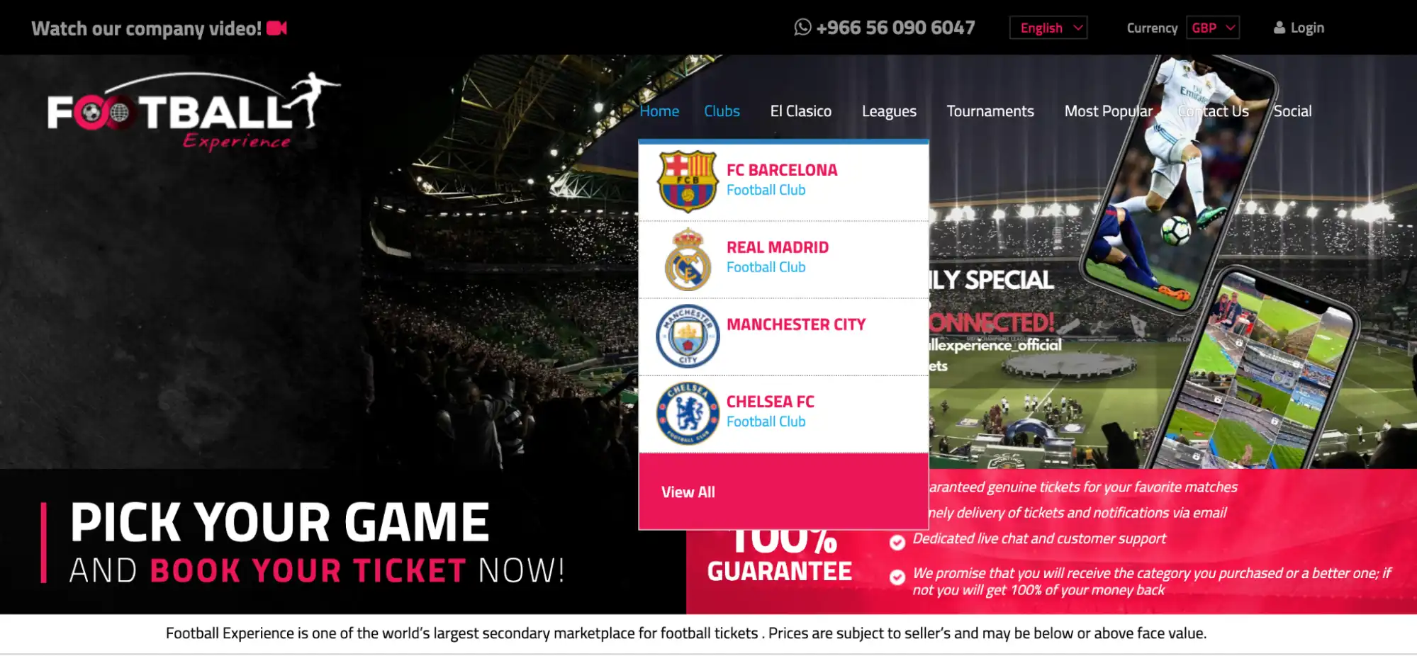Screenshot of Clubs dropdown menu on Football Experience website