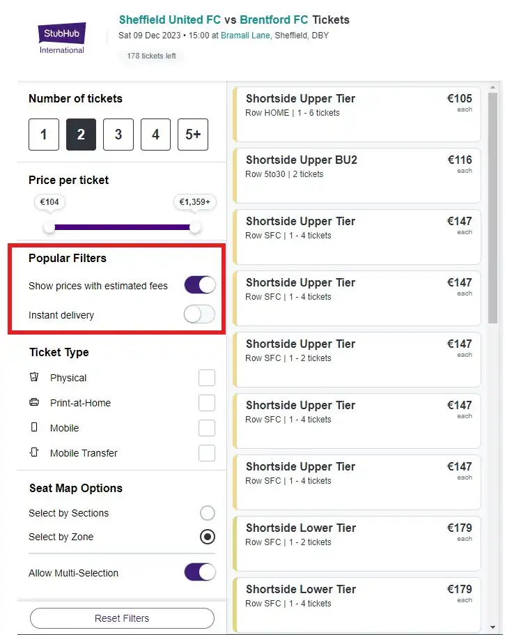 available filters on the stubhub ticket selecting screen, including showing prices with fees and eticket availability