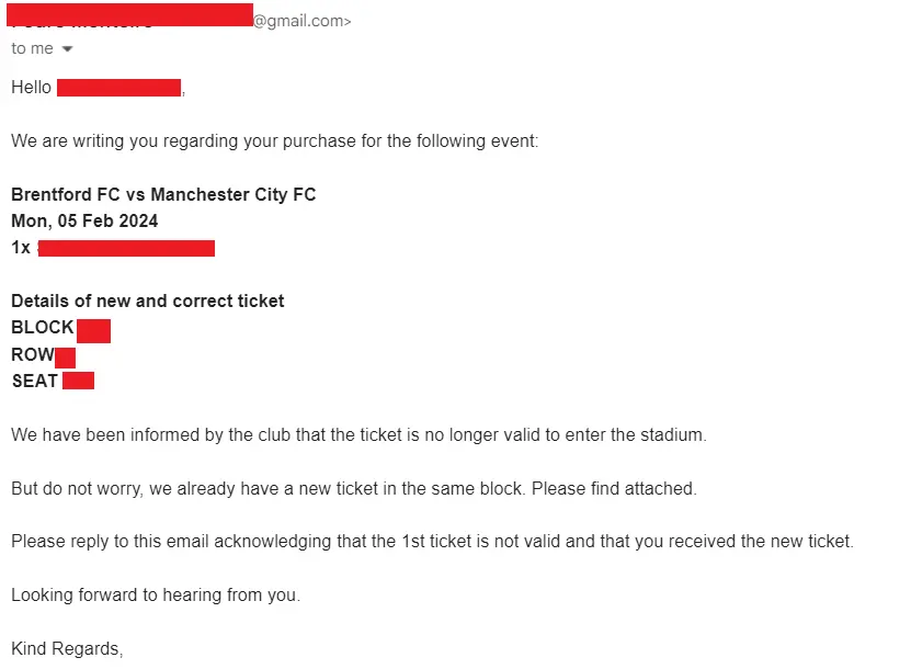 the email we received post-purchase with letting us know how we will receieve our ticket and in what time