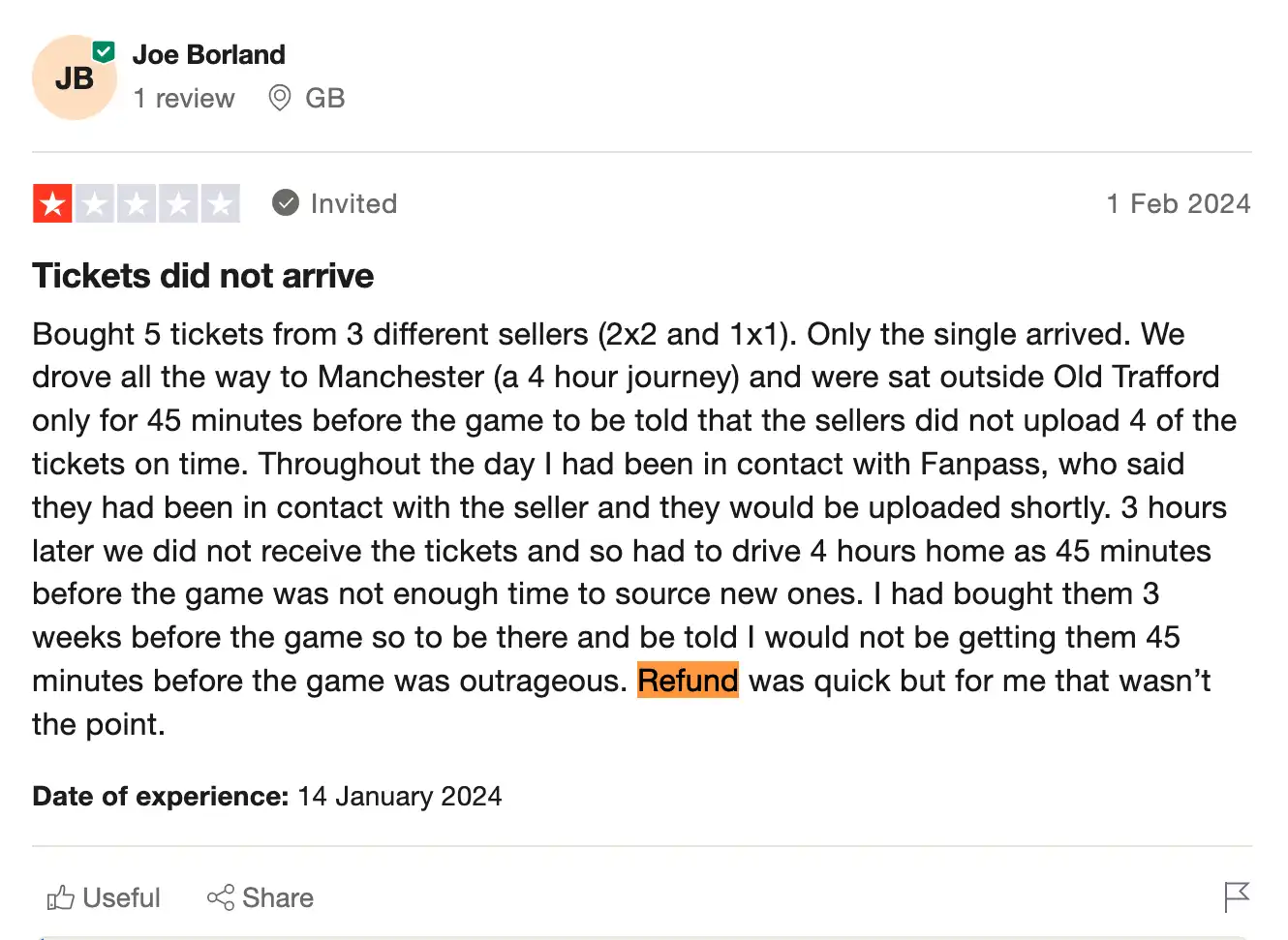 screenshot of the negative review on Trustpilot