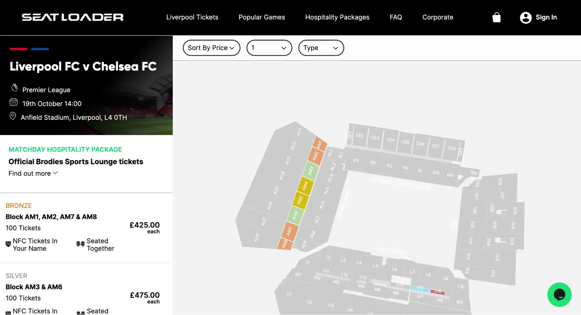 screenshot of Anfield Brodies Sports bar Gold Ticket seats