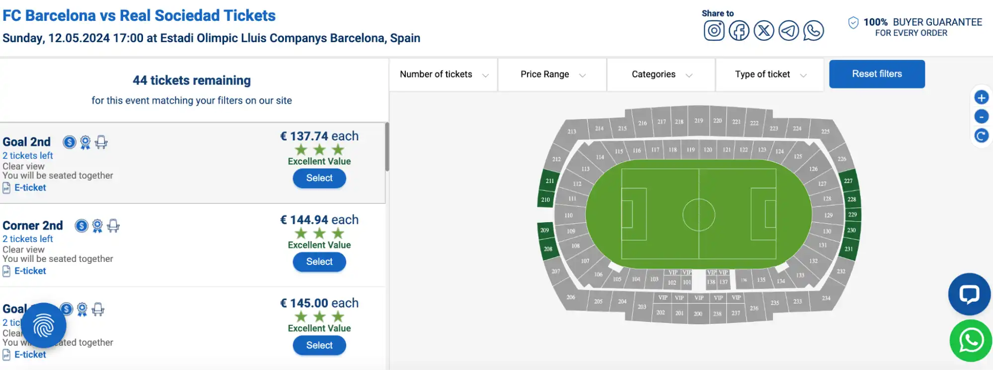 screenshot of FC Barcelona vs Real Sociedad tickets page with highligten Goal 2nd seats