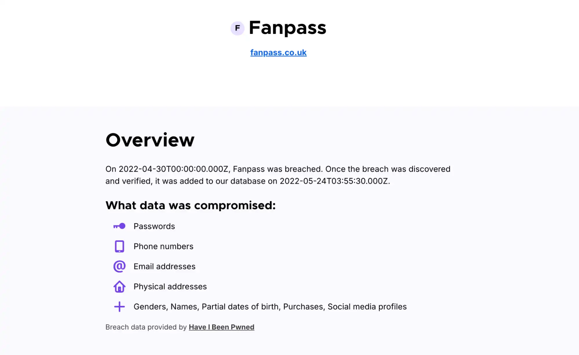 screenshot of Fanpass Overview