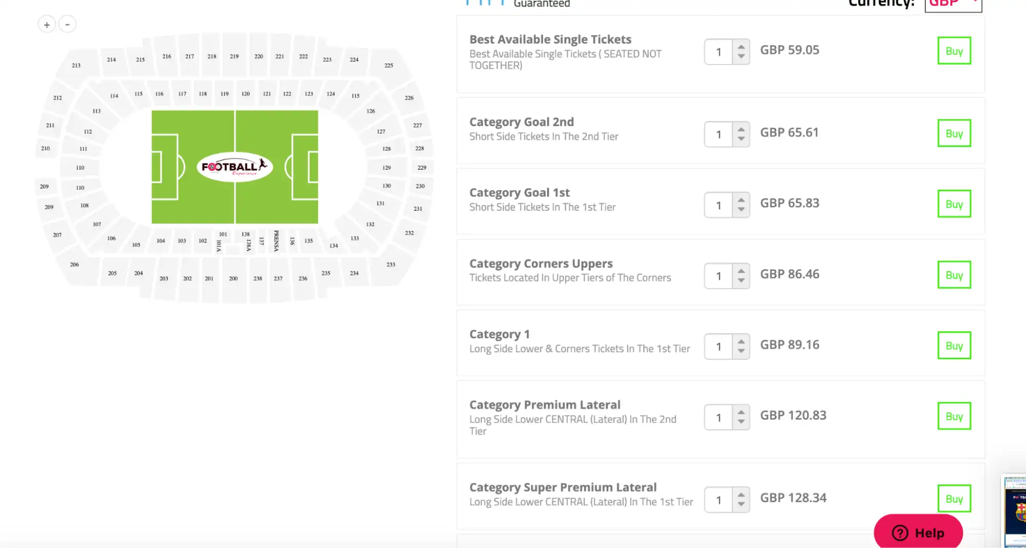 Screenshot of selection of tickets