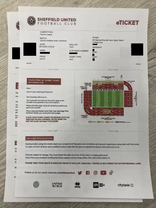 our tickets for sheffield vs brentford at bramall lane after we receieved them from stubhub