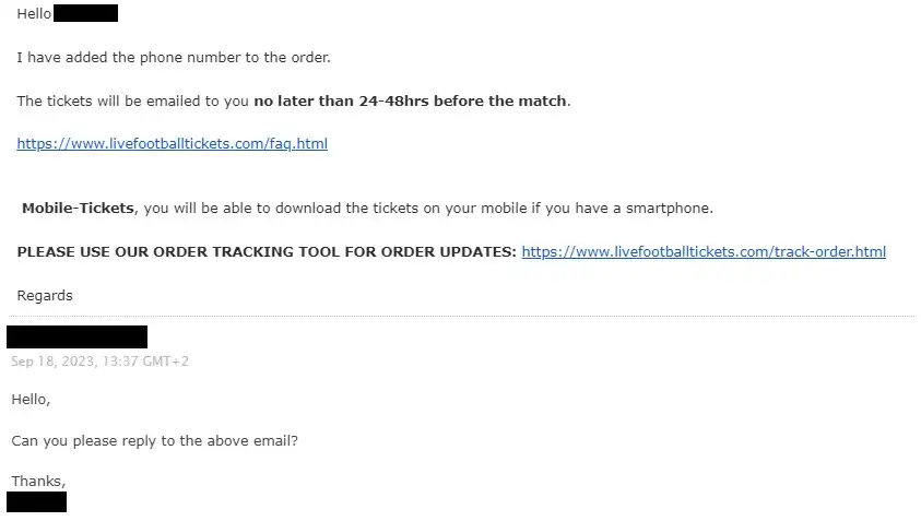 Email received after ticket purchase