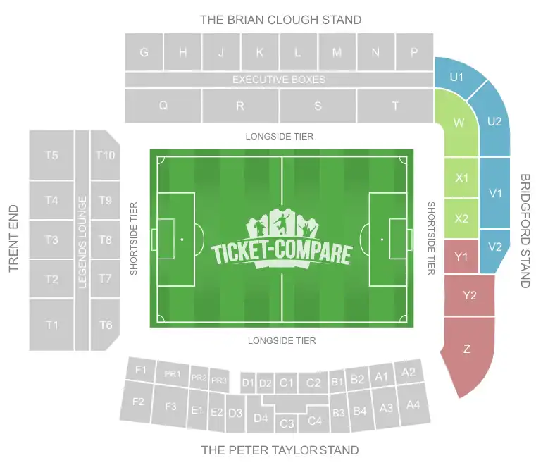 screenshot of City Ground Stadium Seating plan with highlighted the Bridgford Stand