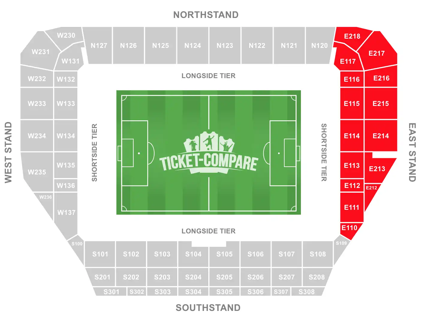 Community Stadium Seating Plan with highligted the East Stand