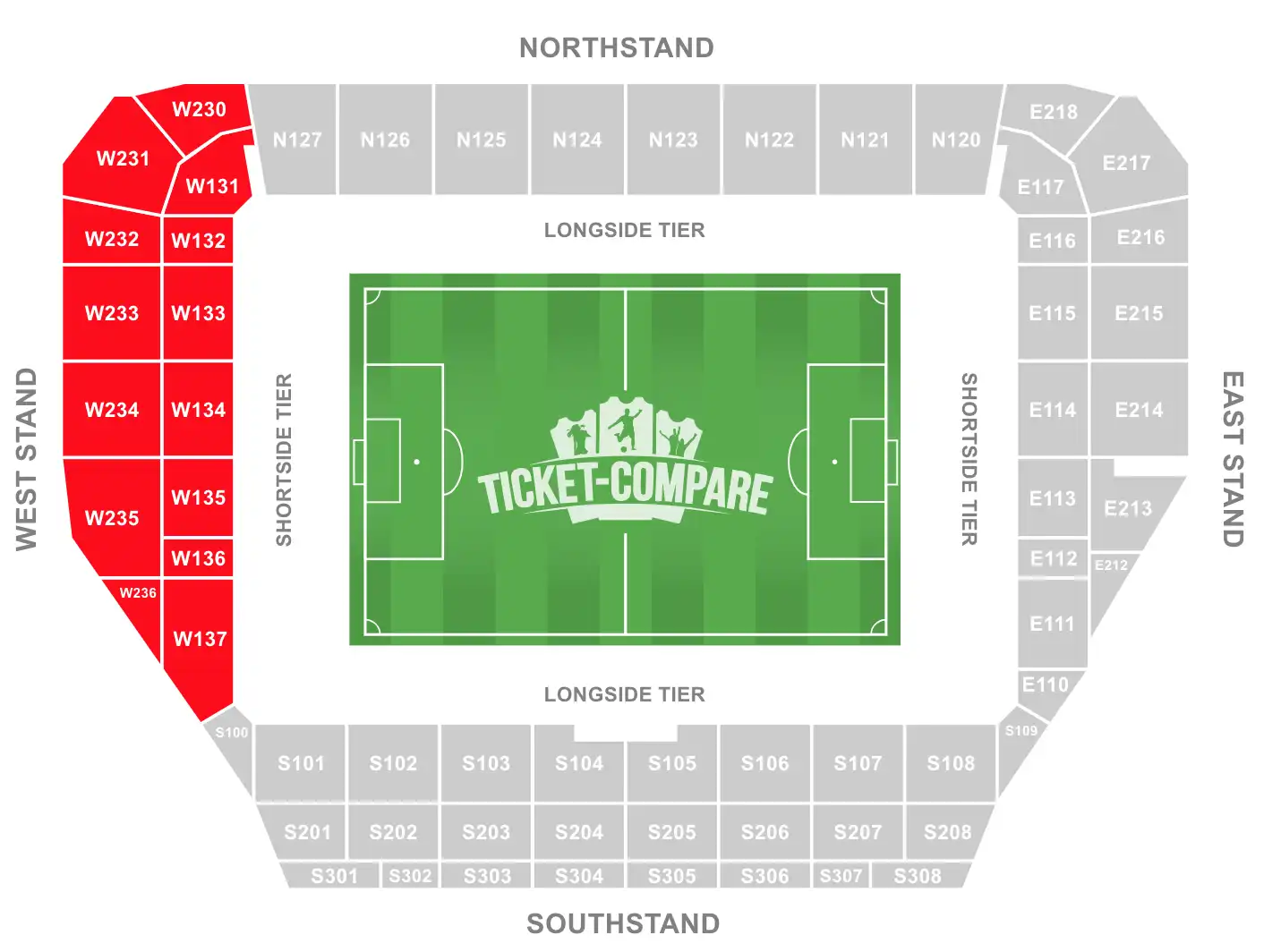 Community Stadium Seating Plan with highligted the West stand
