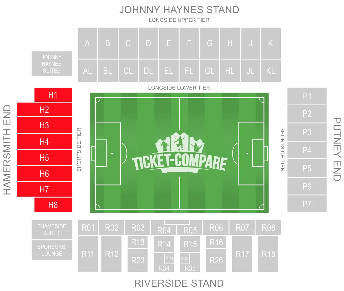 Craven Cottage Seating Plan with highligted the Hammersmith End