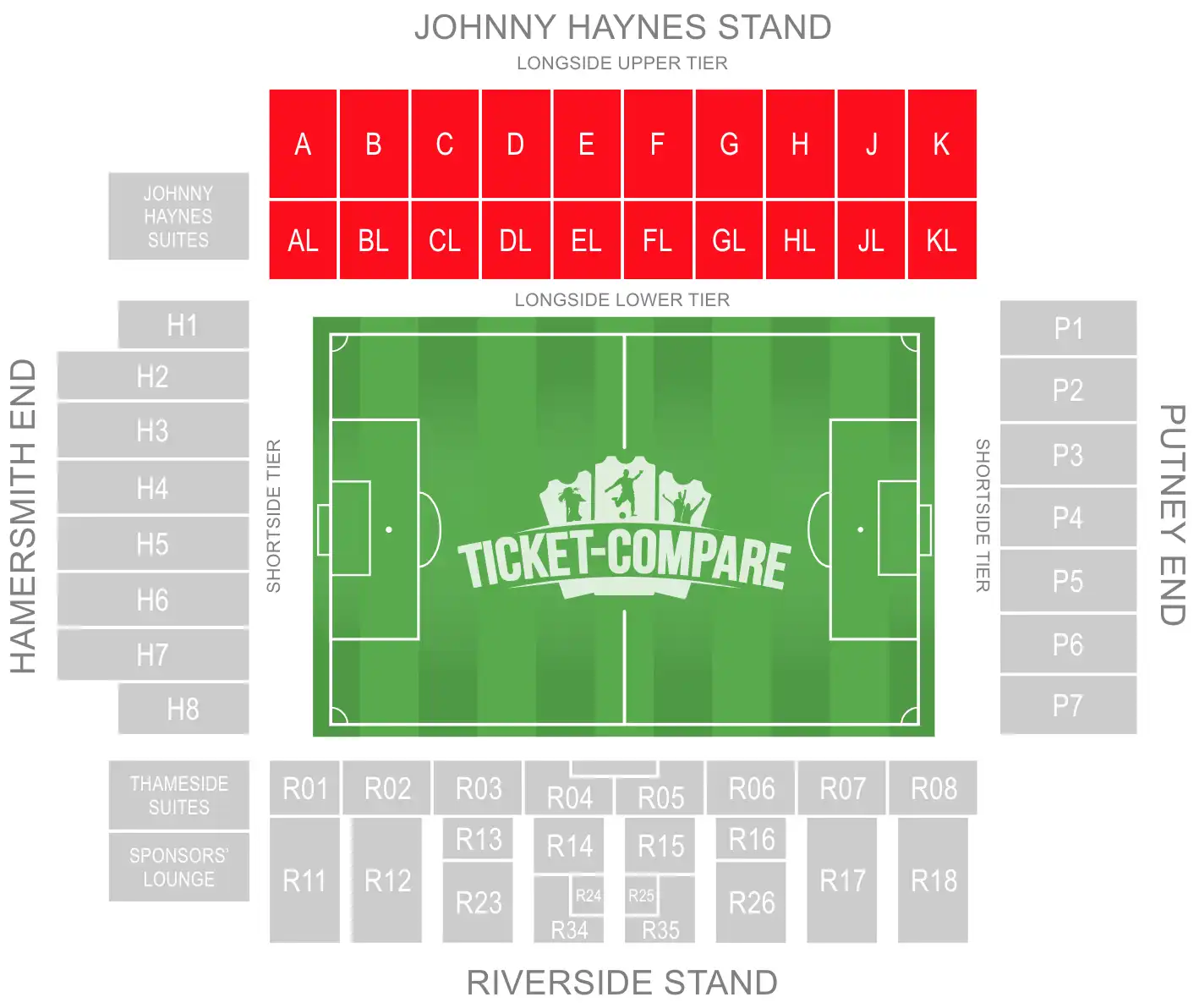 Craven Cottage Seating Plan with highligted the Johnny Haynes Stand