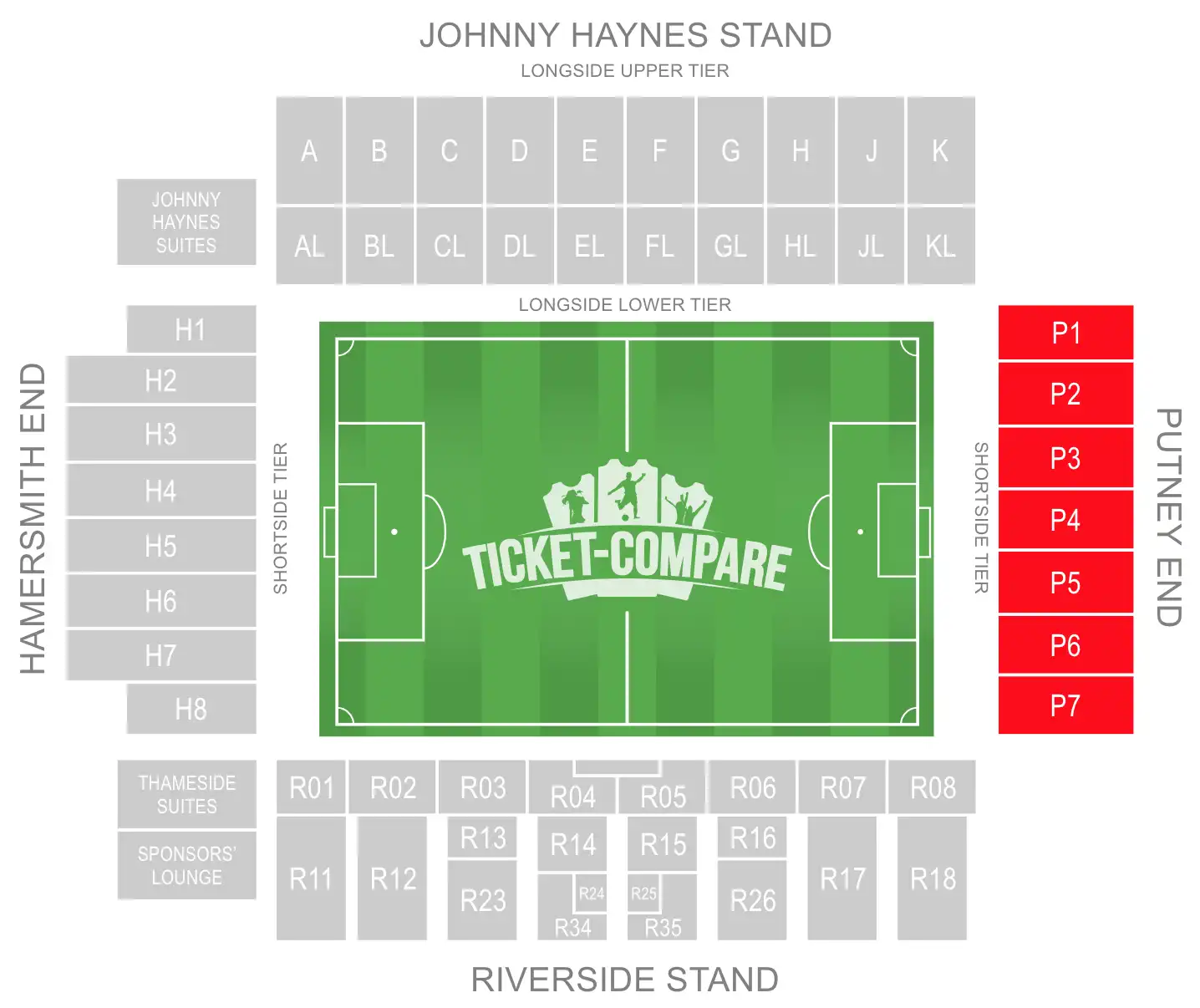 Craven Cottage Seating Plan with highligted the Putney End