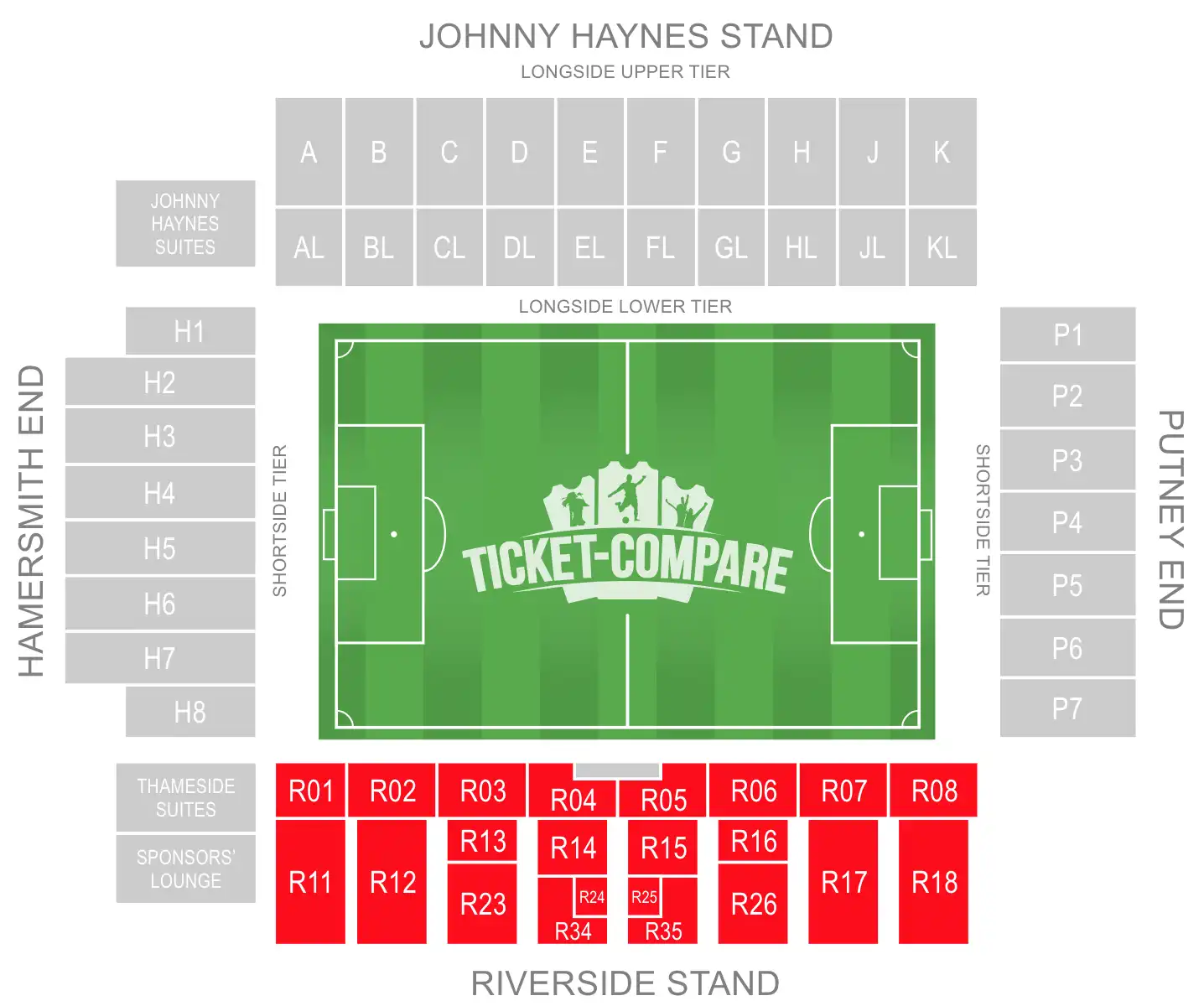Craven Cottage Seating Plan with highligted the Riverside Stand