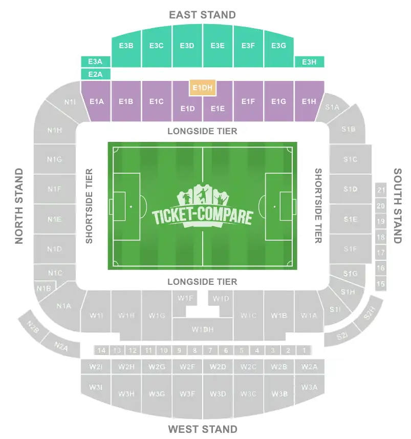 Amex Stadium Seating plan with East Stand highlighted