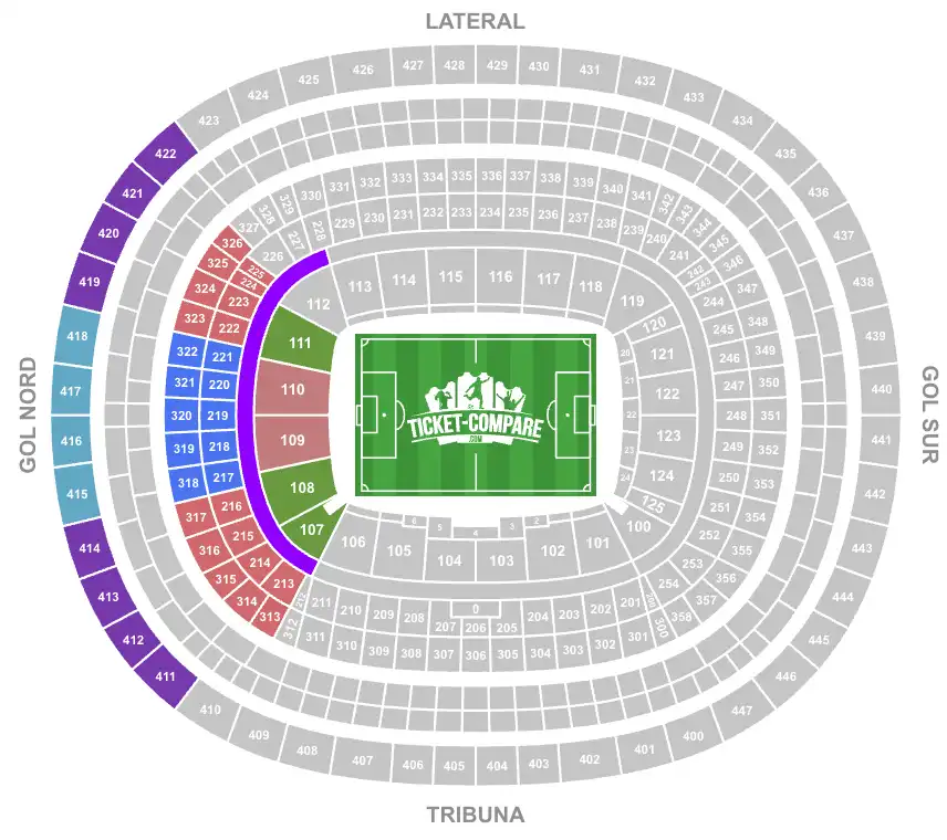 Screenshot of Camp Nou stadium Seating plan with the Gol Nord stand highlighted