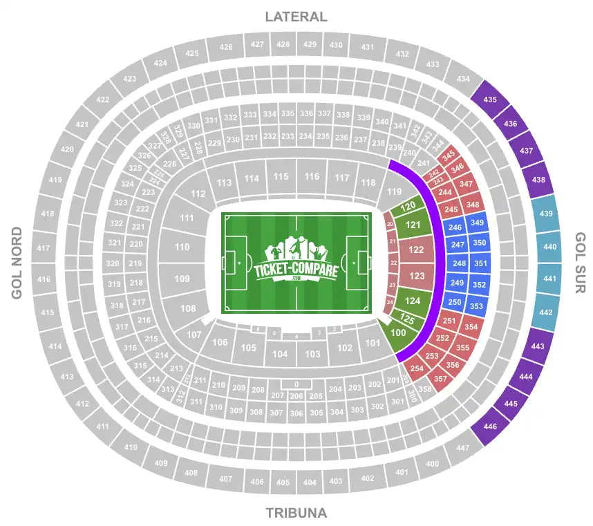 Screenshot of Camp Nou stadium Seating plan with the Gol Sur stand highlighted