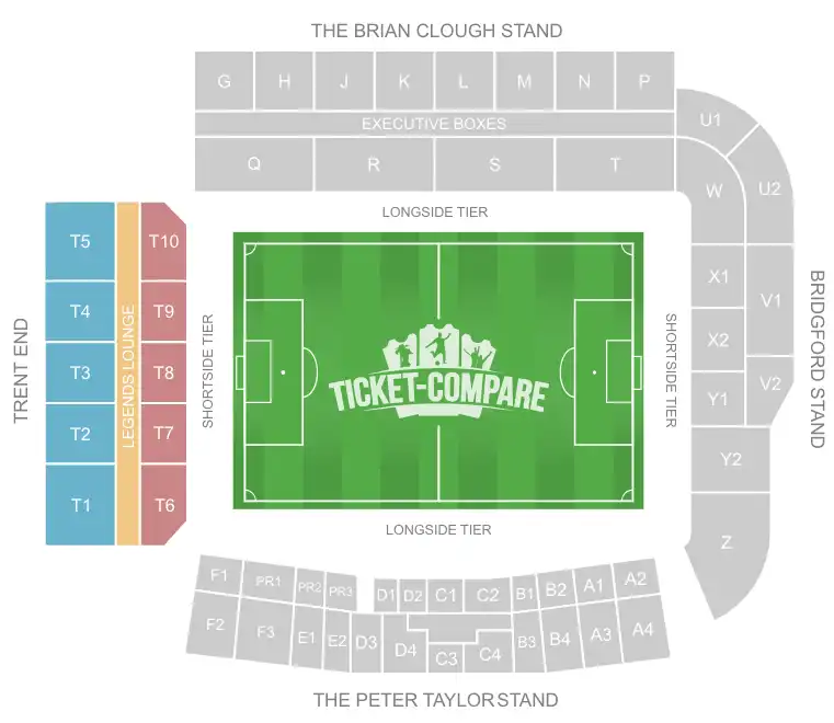 screenshot of City Ground Stadium Seating plan with highlighted the Trent End