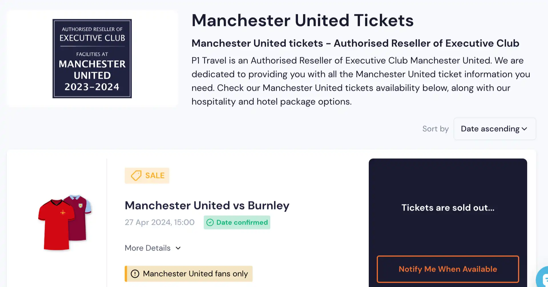 screenshot of Manchester United tickets