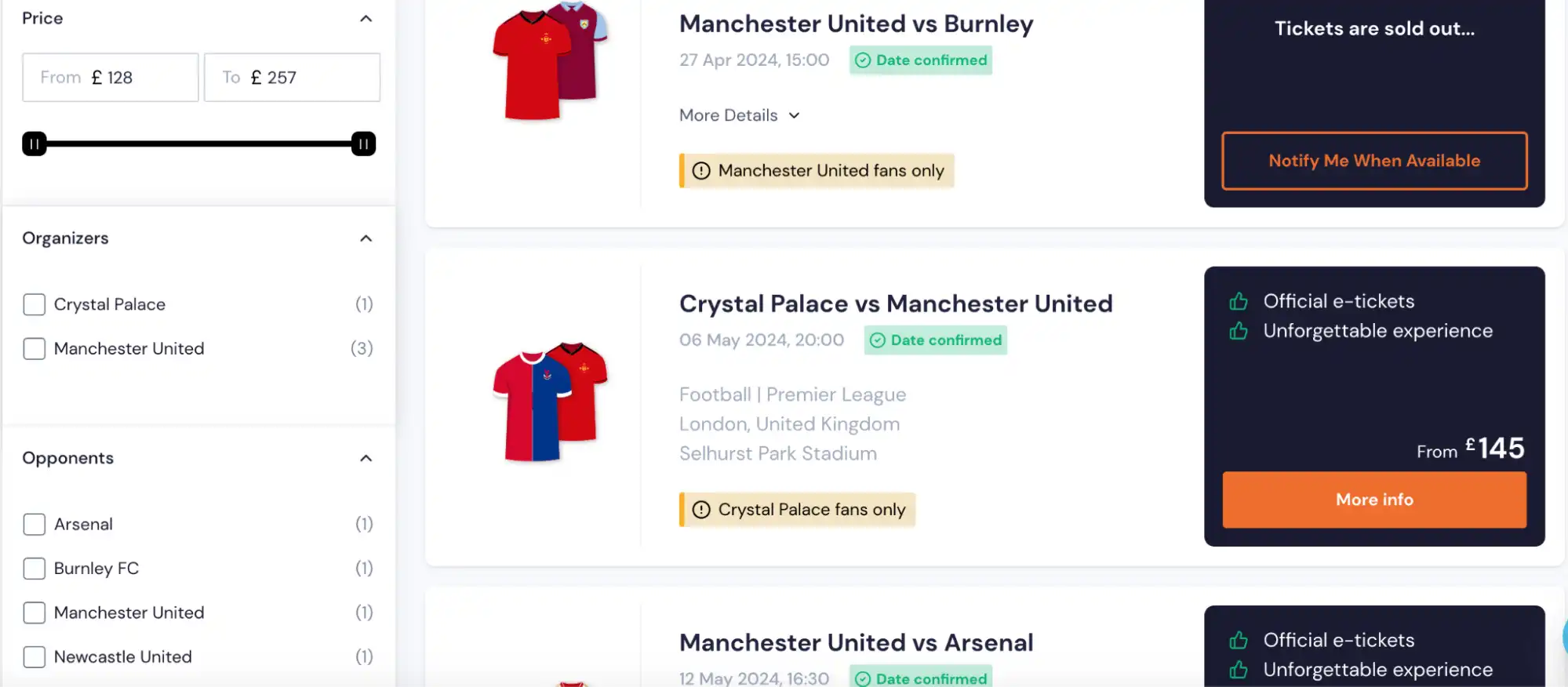 screenshot of Manchester United tickets