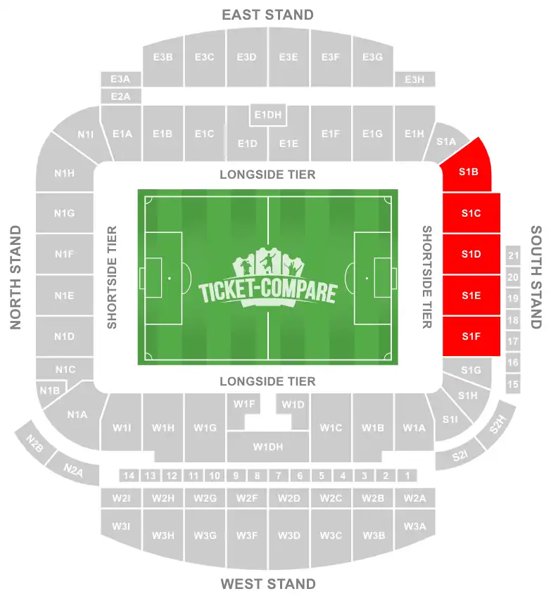 Amex Stadium Seating Plan with Away section highlighted