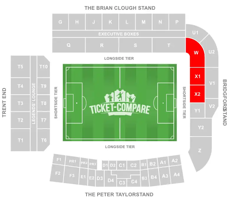City Ground Seating Plan with Away sections highligted