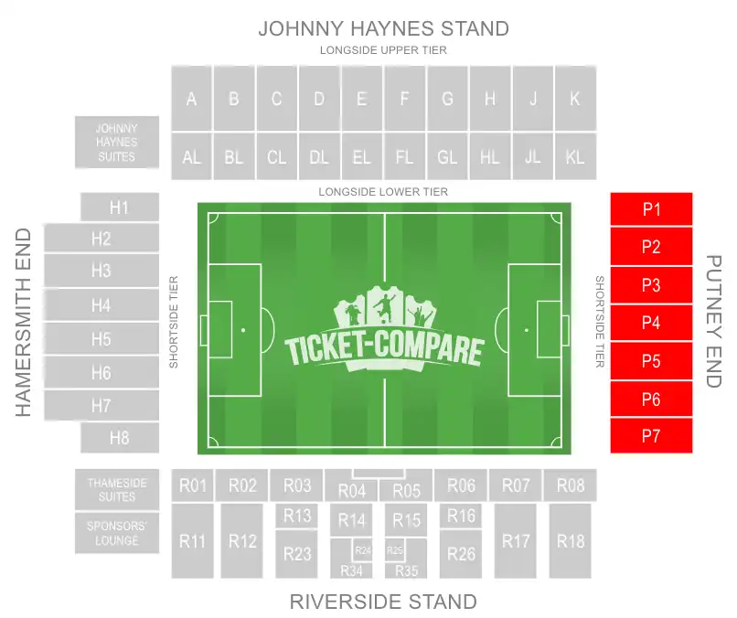 Craven Cottage Seating Plan with Away sections highligted