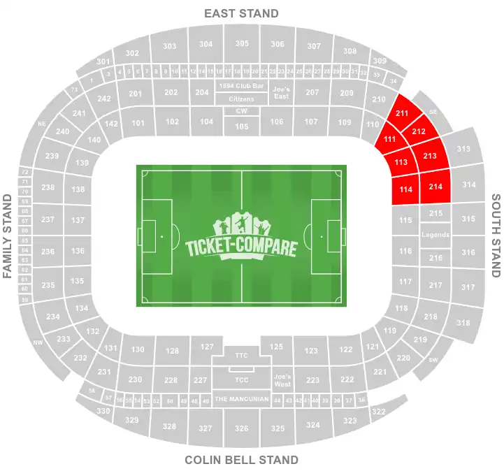 Etihad Stadium Seating Plan with Away sections highligted