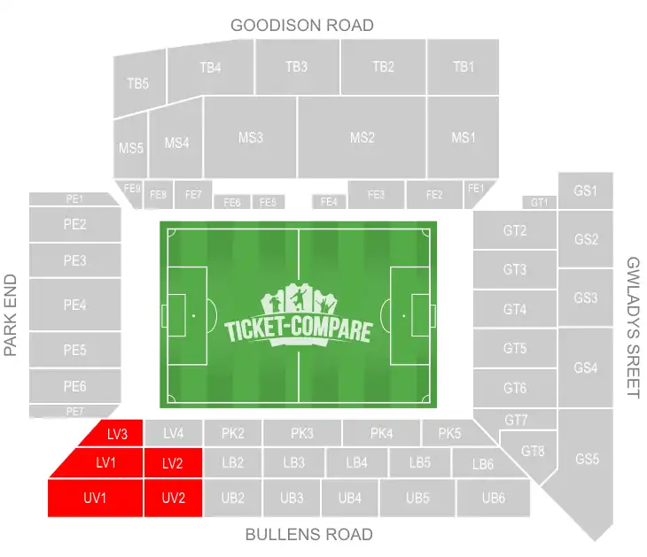 Goodison Park Seating Plan with Away sections highligted