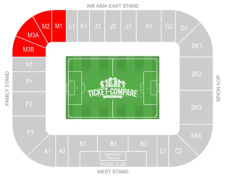 King Power Stadium Seating Plan with Away sections highligted