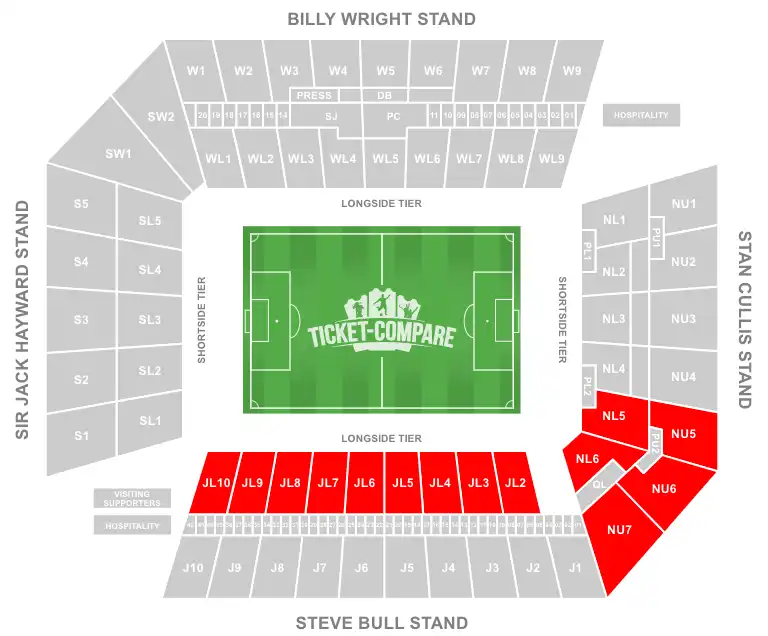 Molineux Stadium Seating Plan with Away sections highligted