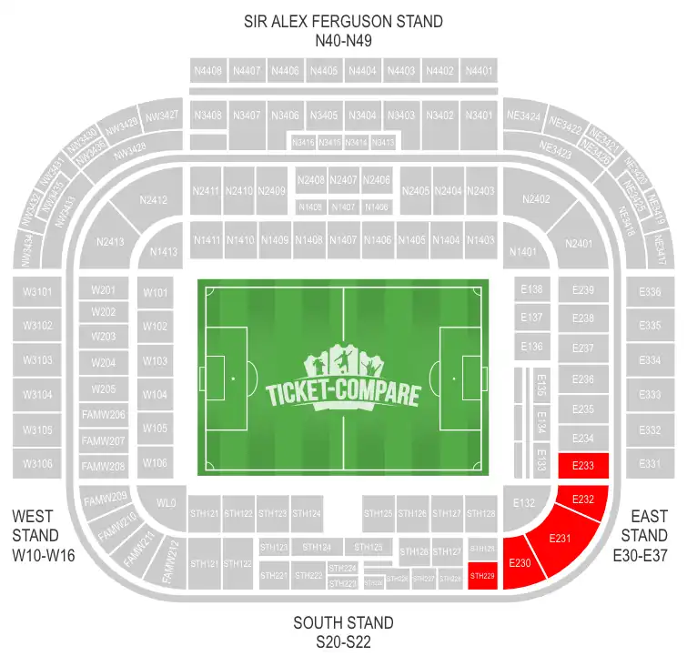 Old Trafford Seating Plan with Away sections highligted