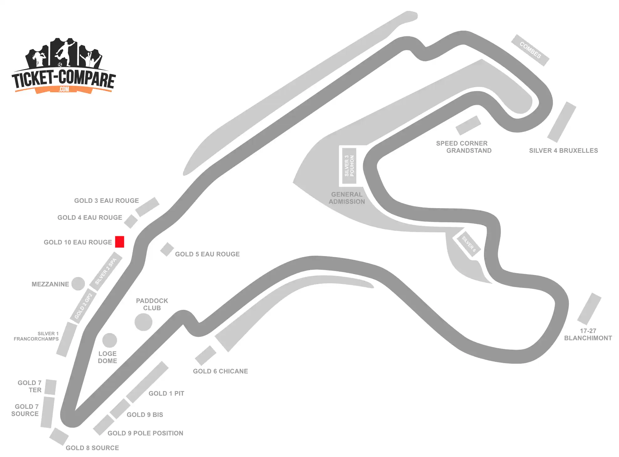 Screenshot Circuit de Spa-Francorchamps Seating Plan with GOLD 10 EAU ROUGE stand highlighted