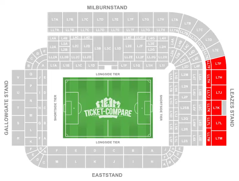 St James’ Park Seating Plan with Away sections highligted
