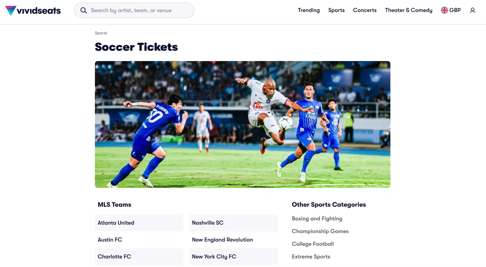 screenshot of Soccer Tickets page