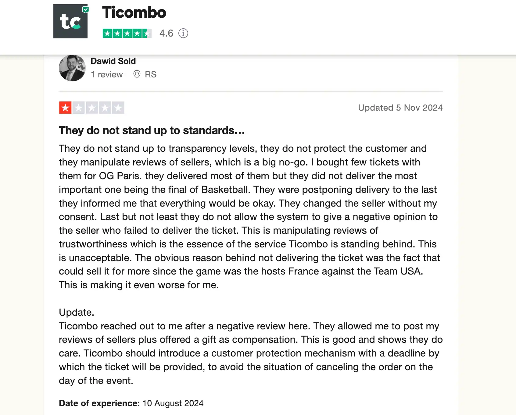 screenshot of the Ticombo negative review on the Trustpilot