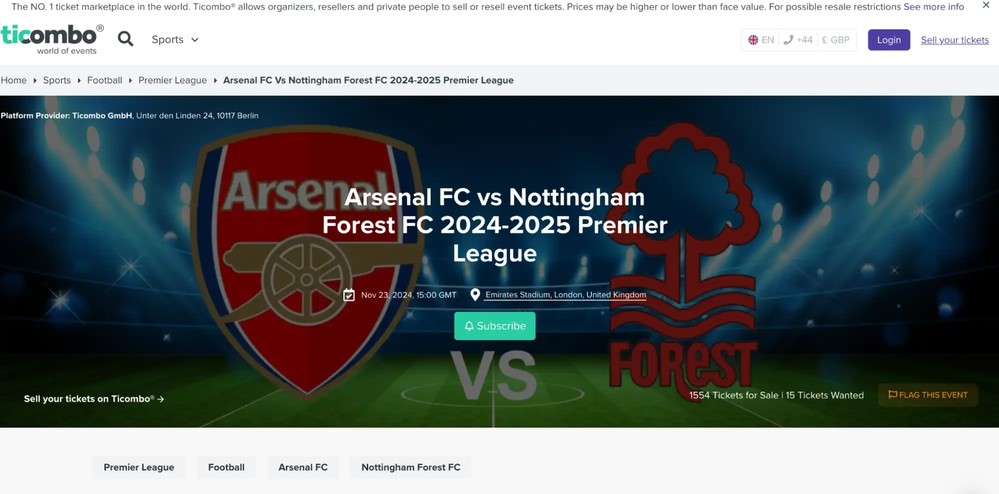 screenshot of the Arsenal FC vs Nottingham Forest page