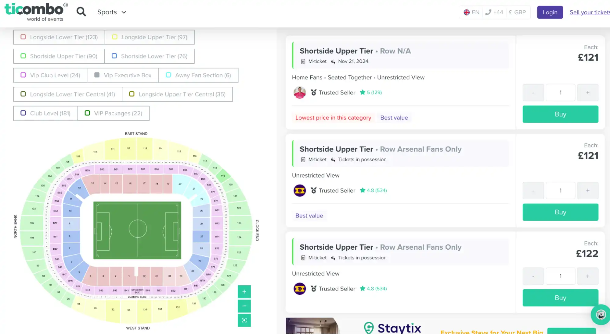 screenshot of the Arsenal FC vs Nottingham Forest tickets