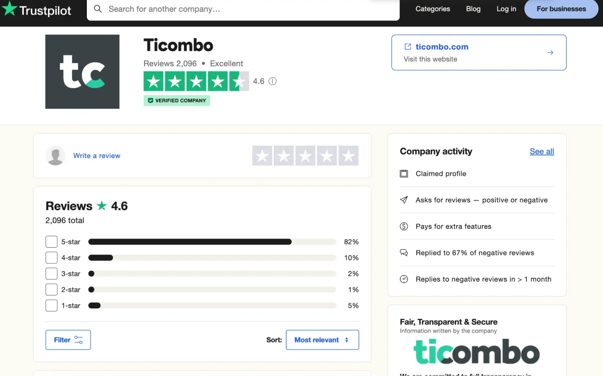 screenshot of the Ticombo review page on the Trustpilot