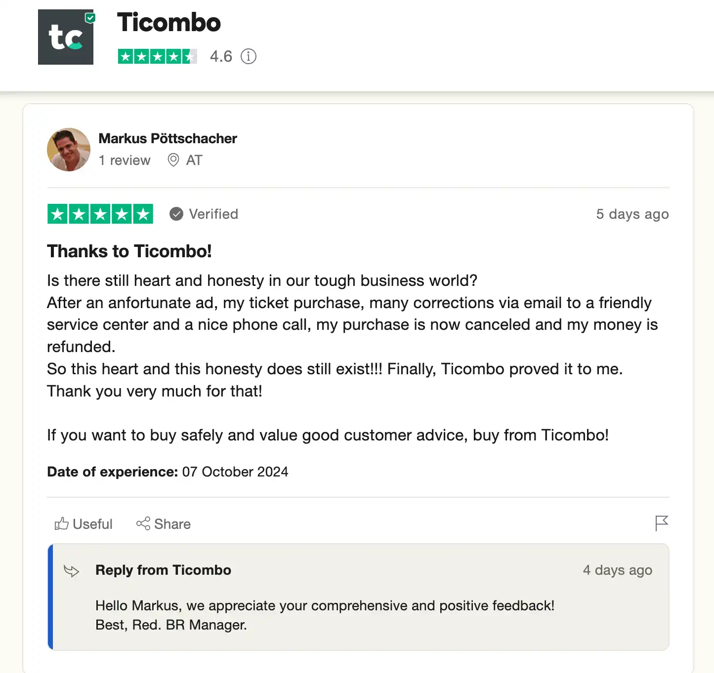 screenshot of the Ticombo positive review on the Trustpilot