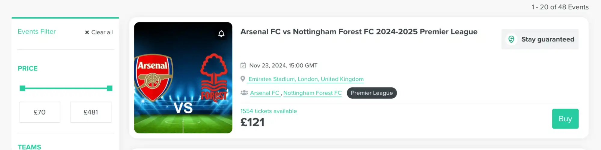 screenshot of the Arsenal FC vs Nottingham Forest tickets page