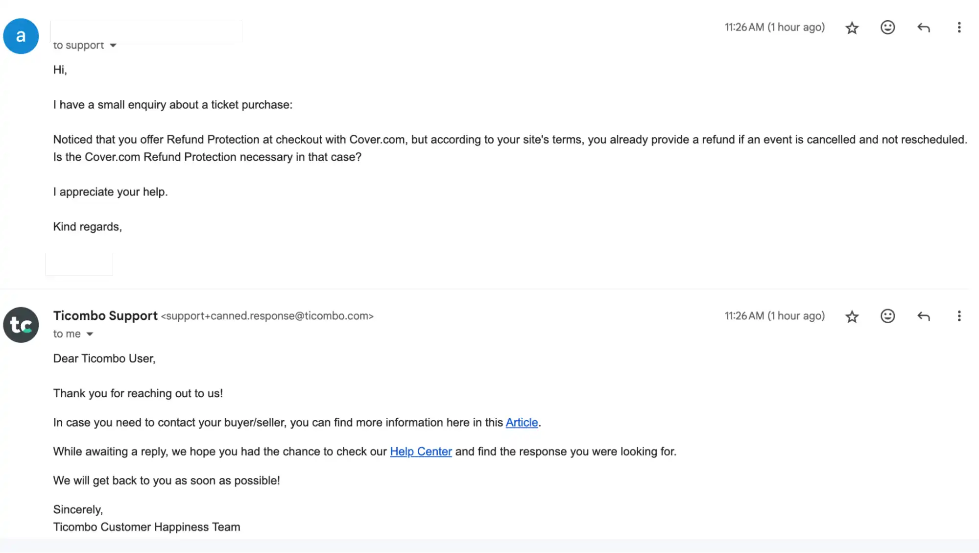 screenshot of the Email conversation