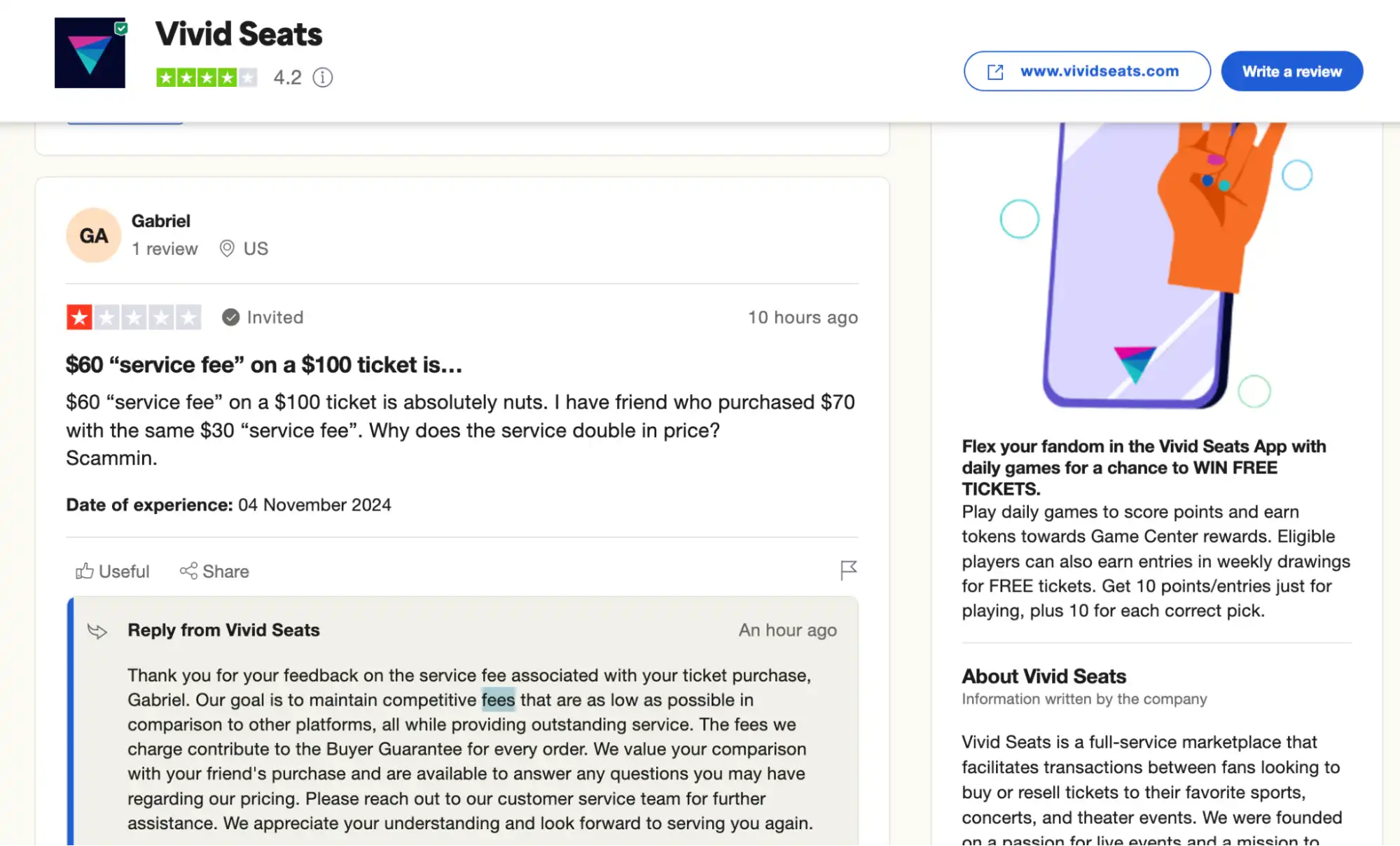 screenshot of Vivid Seats Negative review on the Trustpilot