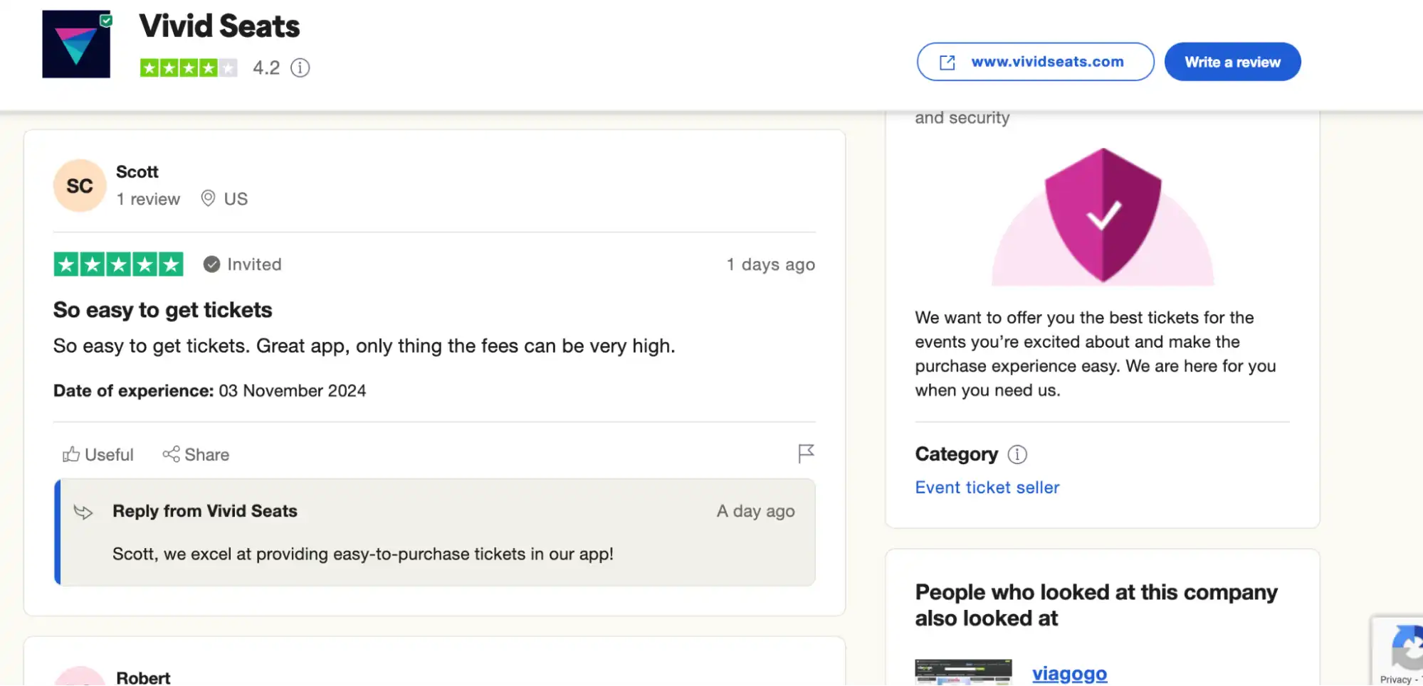 screenshot of Vivid Seats Positive review on the Trustpilot