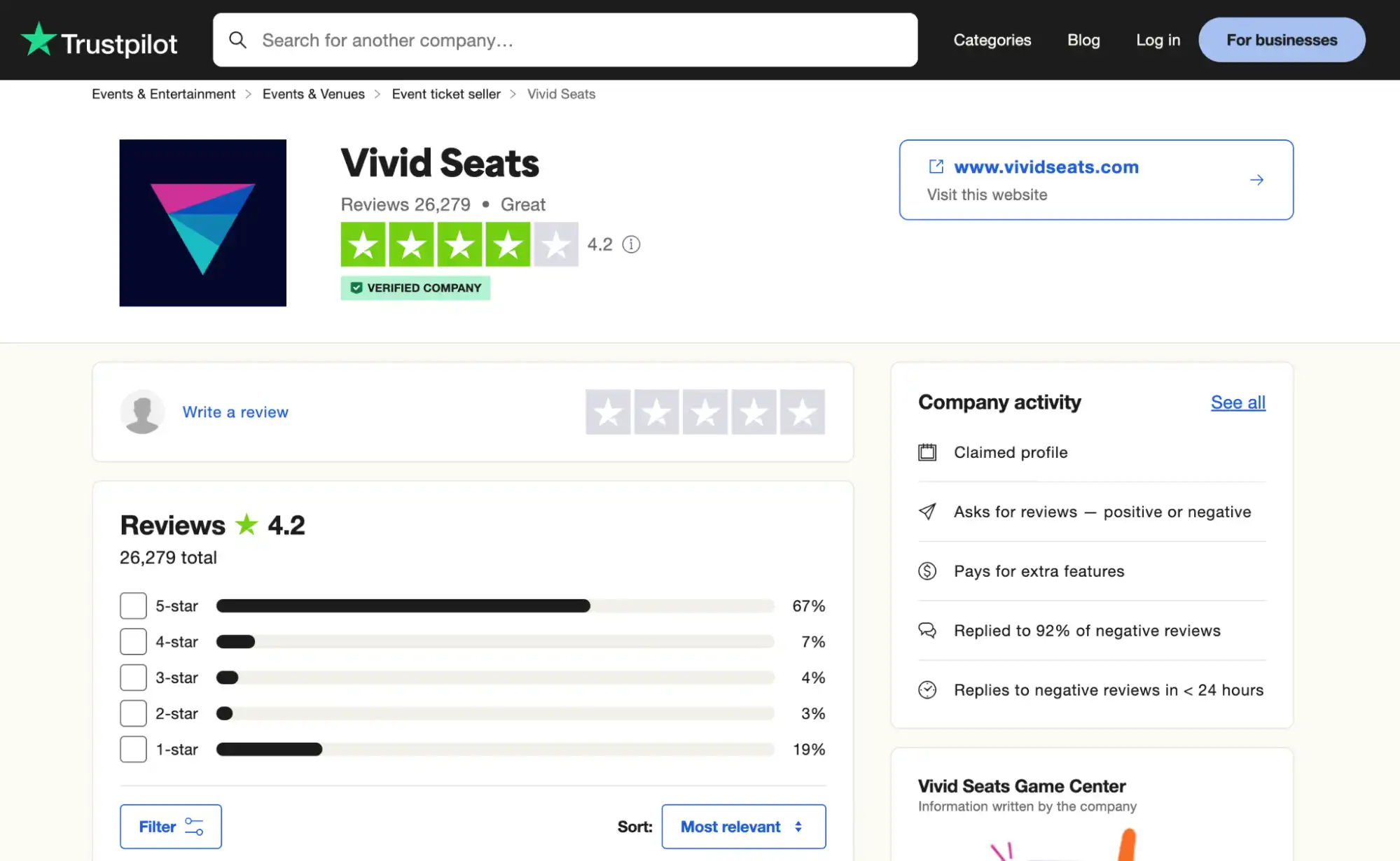 screenshot of Vivid Seats reviews on the trustpilot