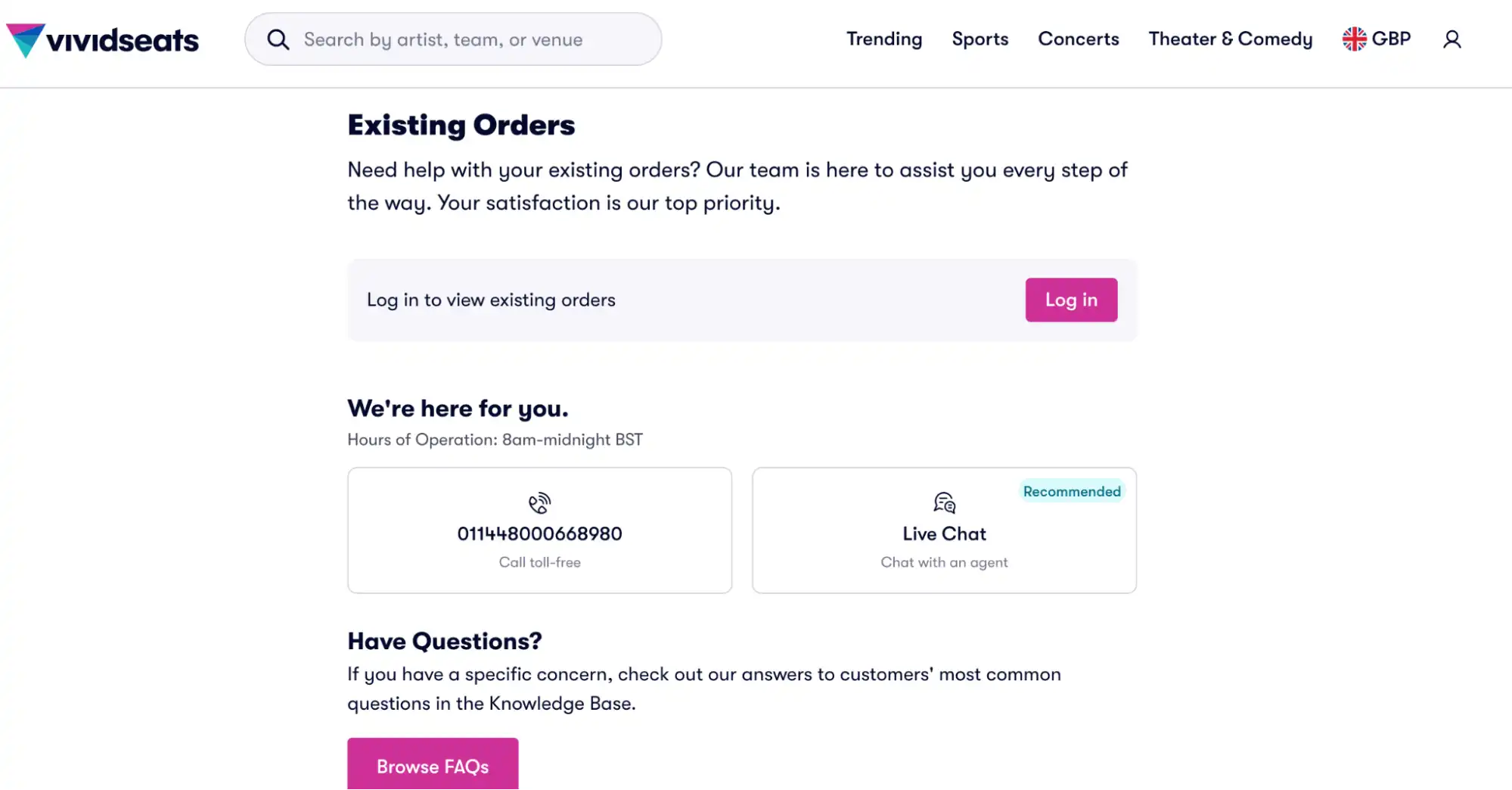 screenshot of existing orders